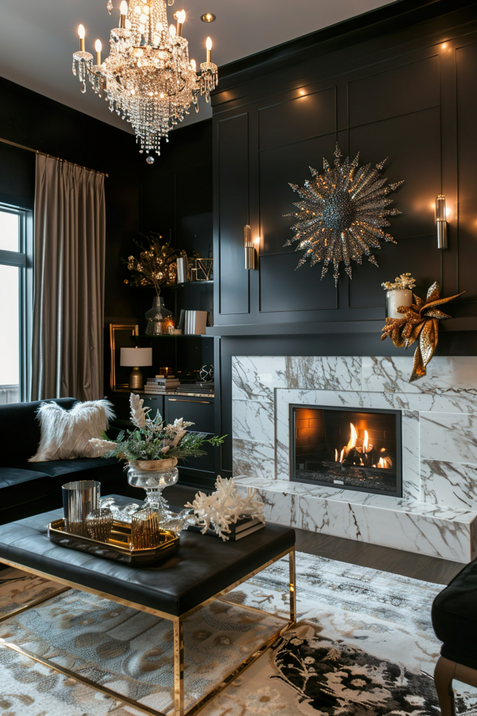 An elegant living room with dark walls, a lit fireplace, chic furnishings, and a sparkling chandelier.