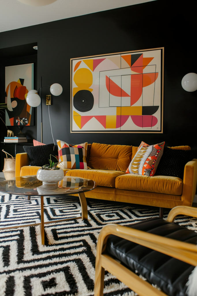 A stylish living room with a mustard yellow sofa, patterned pillows, black walls, abstract art, and a geometric rug.