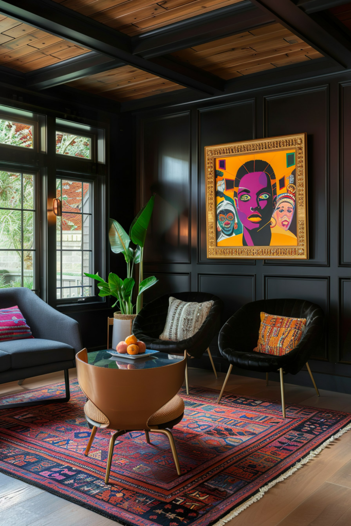 Elegant room with dark paneled walls and a mix of modern furniture, vibrant artwork, a colorful rug, and green plants by the window.