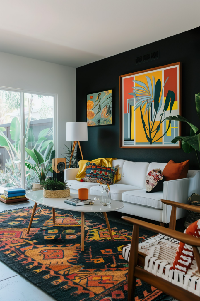 Modern living room with a white couch, colorful area rug, and vibrant artwork on the walls, with green plants adding a natural touch.
