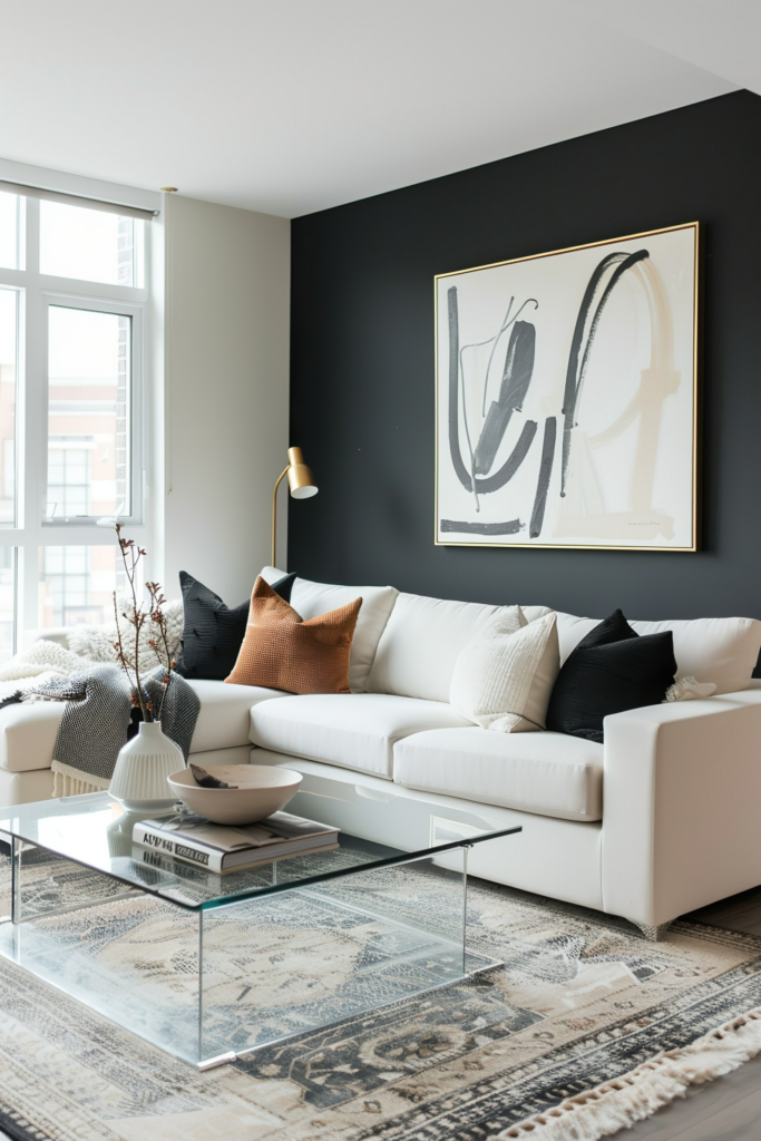 A modern living room featuring a white sofa with pillows, glass coffee table, framed artwork, and a brass floor lamp.