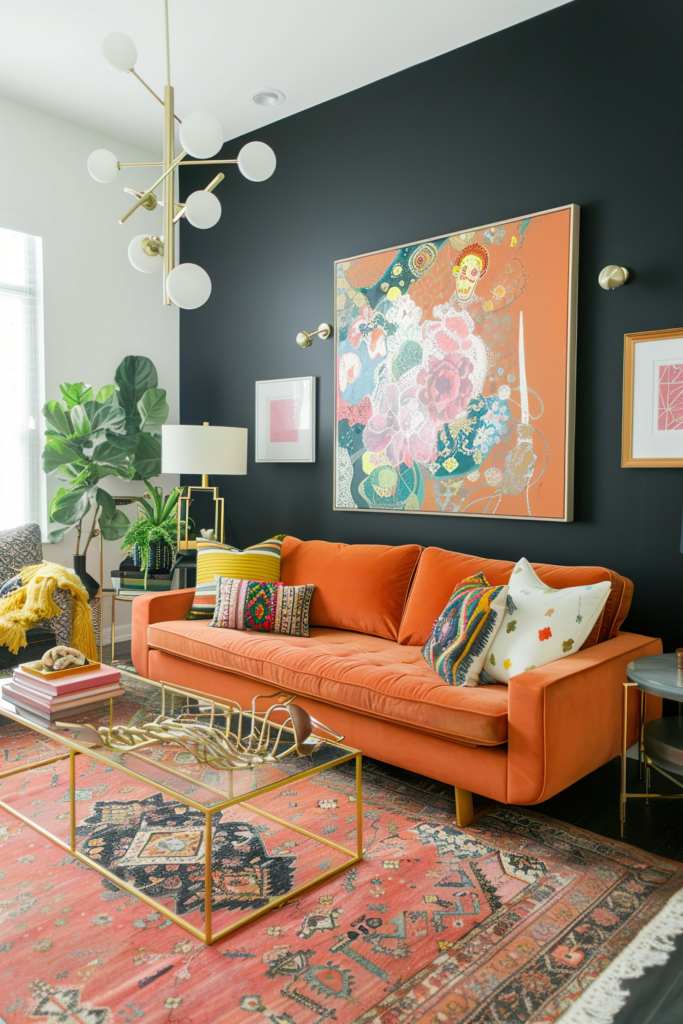 A stylish living room with a bold orange sofa, eclectic decor, a large colorful artwork on a dark wall, and a brass and glass coffee table.