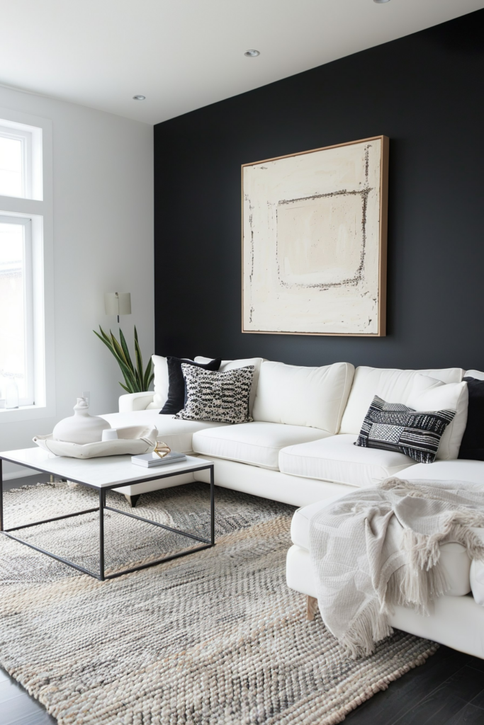 Modern living room with a white sectional sofa, patterned cushions, a minimalist artwork on a dark wall, and a textured rug.