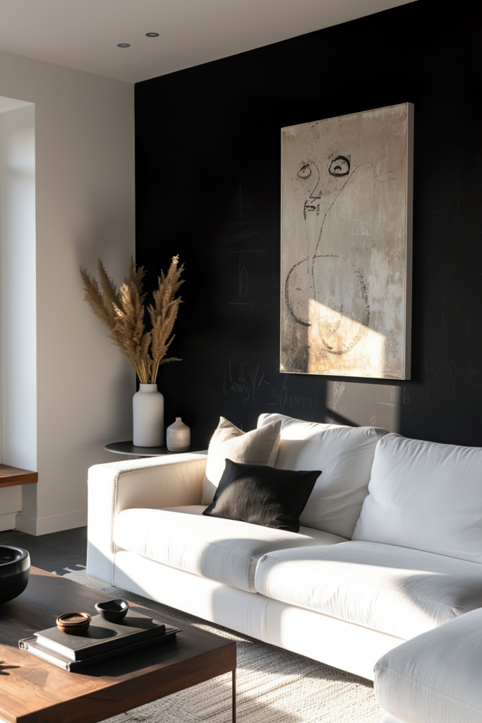 A modern living room with a white sofa, black pillows, sunlit, against a dark wall with a tall abstract art piece, and a pampas grass vase.