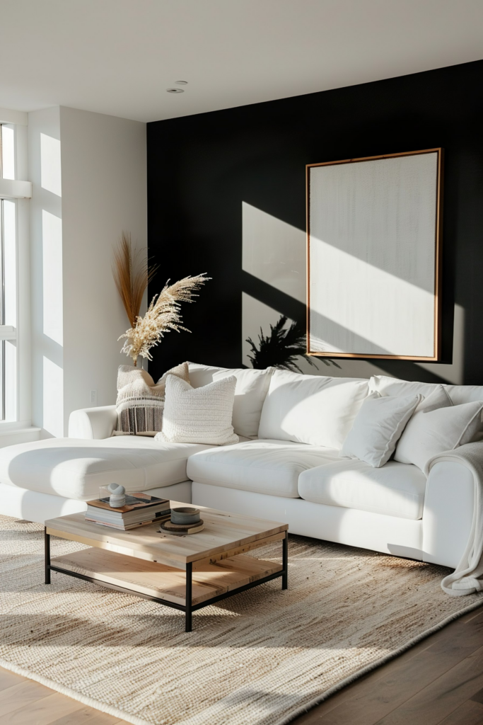 Modern living room with a white sofa, wooden coffee table, and contrasting black accent wall with sunlight casting shadows.