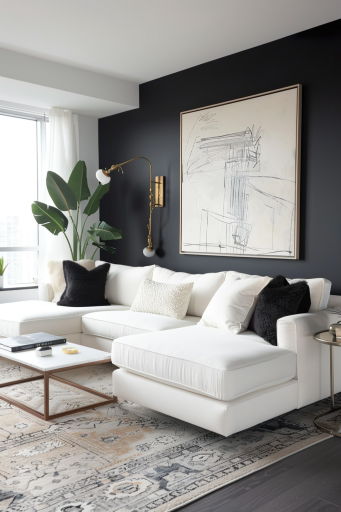 A modern living room with a white sectional sofa, black accent wall, large abstract artwork, and a brass floor lamp.