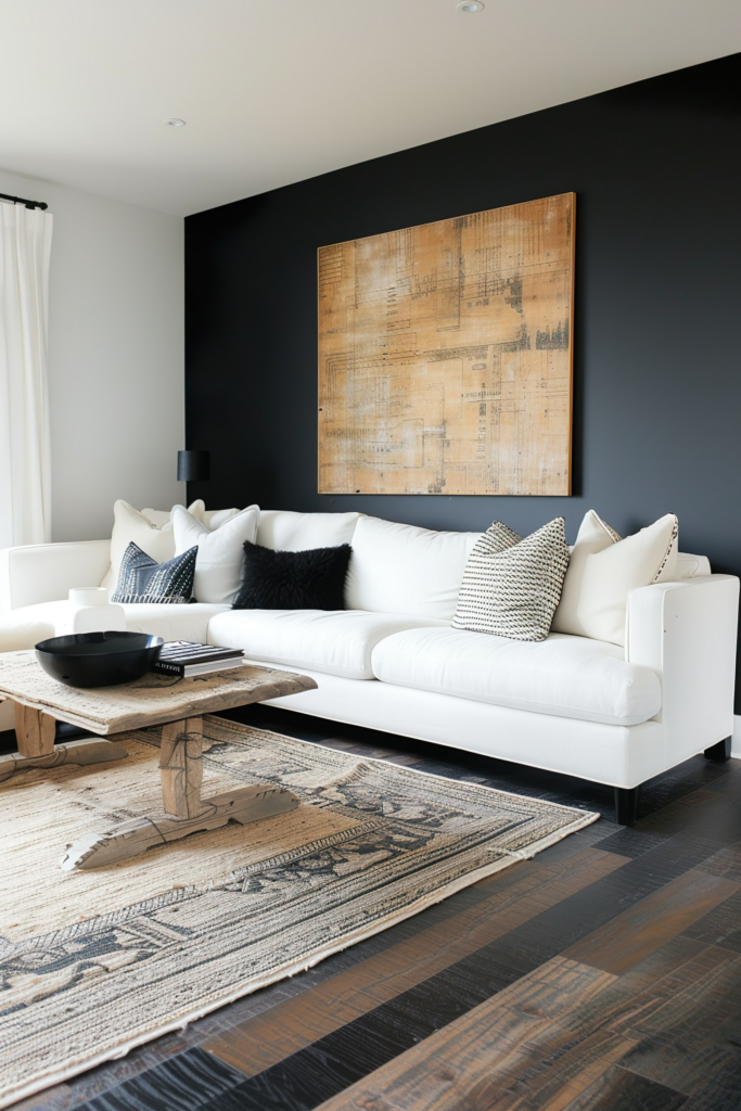 A modern living room with a white couch, black accent wall, abstract art piece, patterned rug, and rustic wooden coffee table.