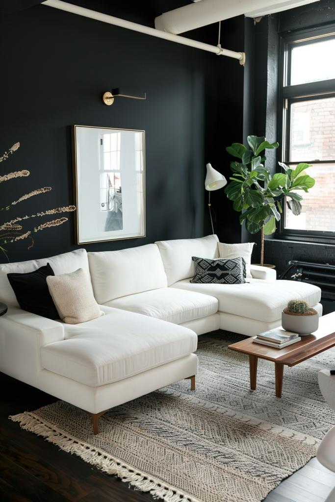 Modern living room with a white sectional sofa, dark walls, a large mirror, and a potted plant by the window.