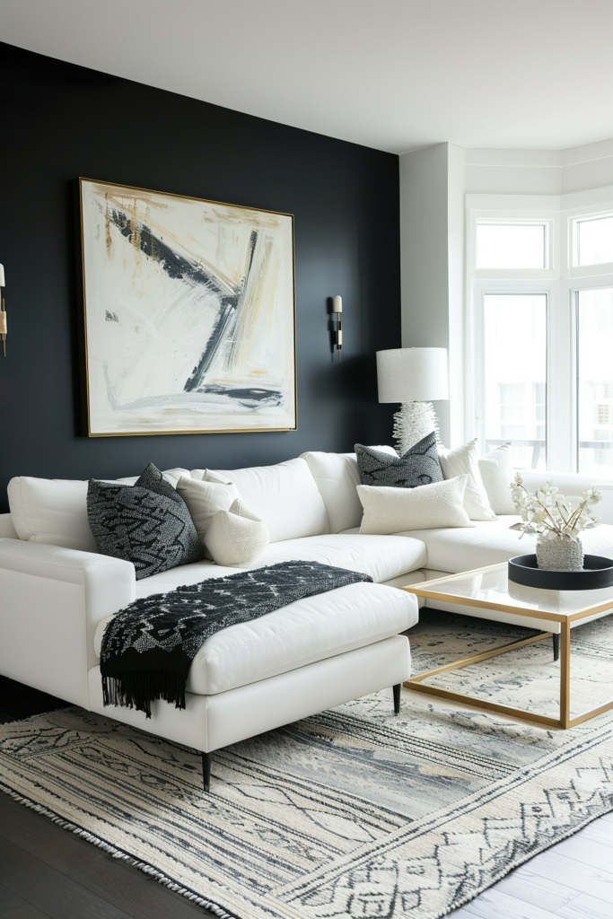 A modern living room with a white sofa, black and white pillows, a large abstract painting on a dark wall, and a patterned rug.