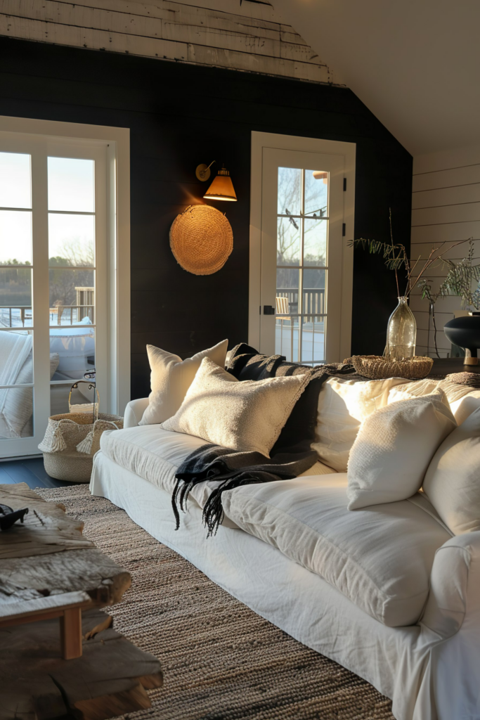 A cozy living room corner with a sunlit sofa filled with pillows, a rustic wooden coffee table, and walls adorned with a straw hat and sconce.