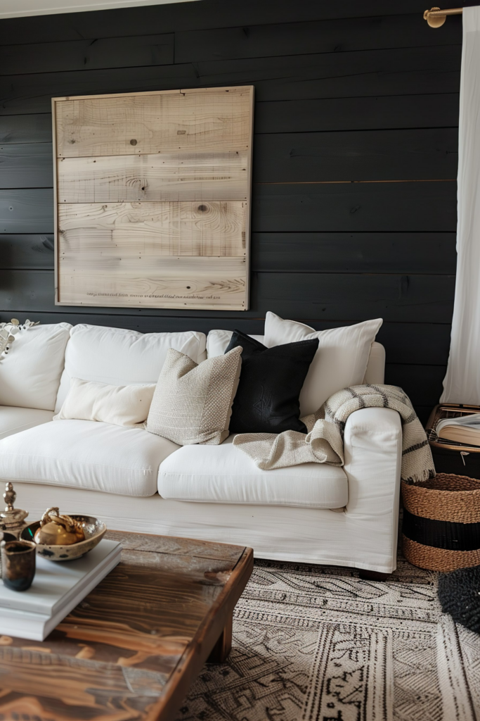 A cozy living room corner with a white couch filled with pillows, wooden coffee table, patterned rug, and dark paneled walls.