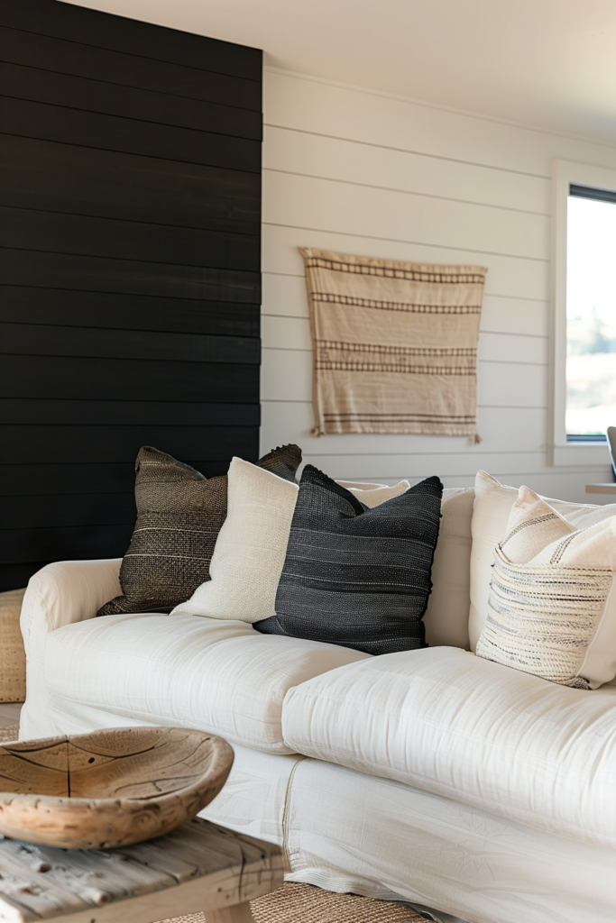A cozy living room corner with a white sofa adorned with various textured pillows, beside a rustic wooden table.