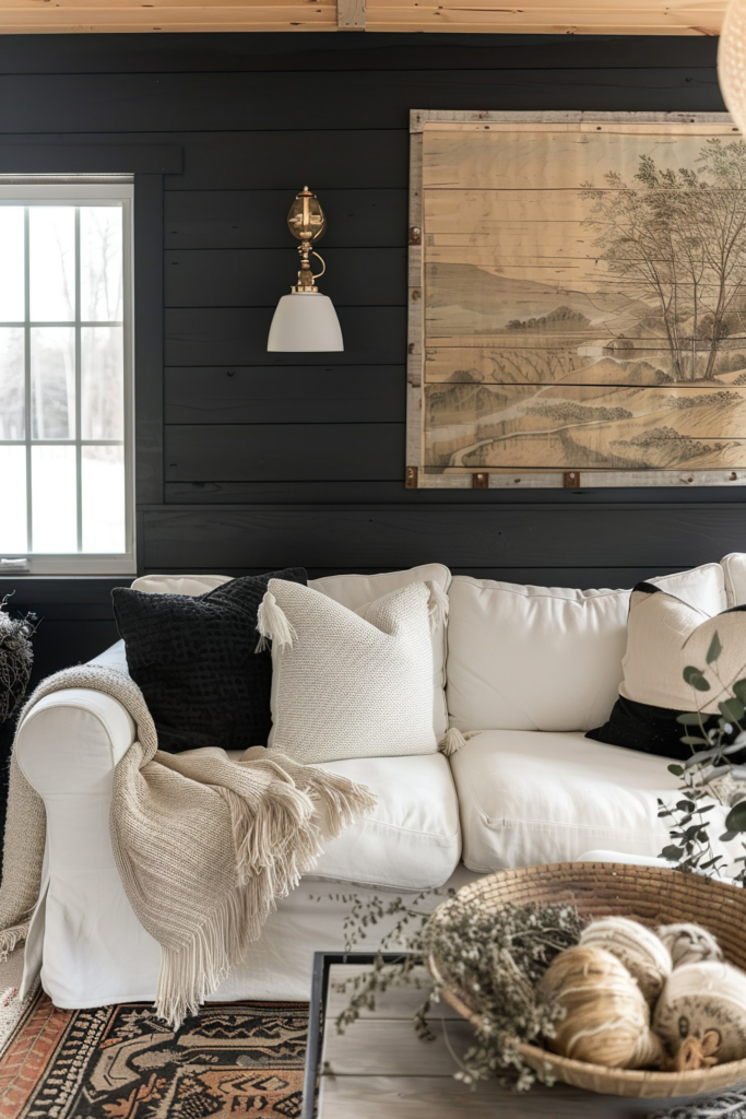 Cozy living room corner with a white couch, decorative pillows, a throw blanket, an oriental rug, and a rustic wall-mounted artwork.