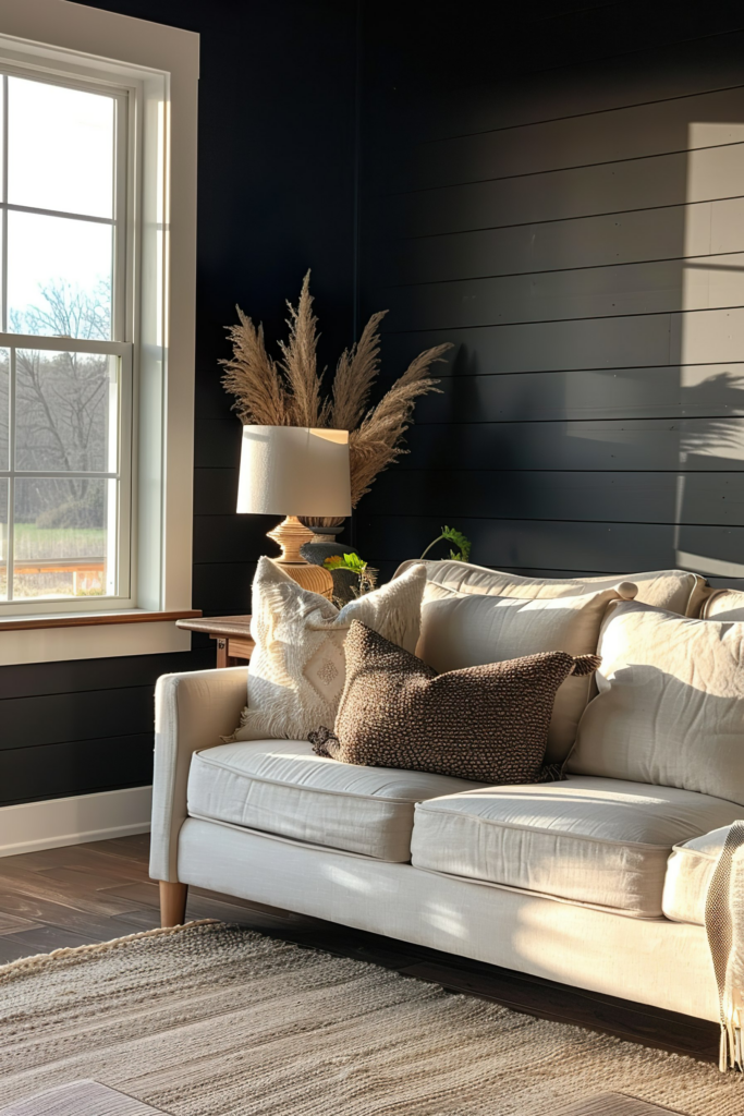 Cozy living room corner with a white sofa, decorative pillows, side table with lamp and dried plants, against a dark paneled wall, near a window.
