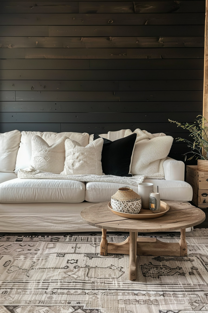 A cozy living room with a white sectional sofa, decorative pillows, a round wooden coffee table, and a patterned rug against a dark paneled wall.