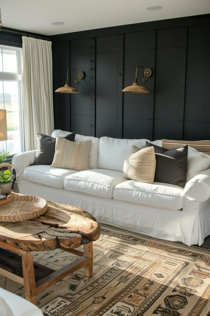 A modern living room with a white couch, patterned rug, wooden coffee table, and black paneled walls with brass sconce lighting.