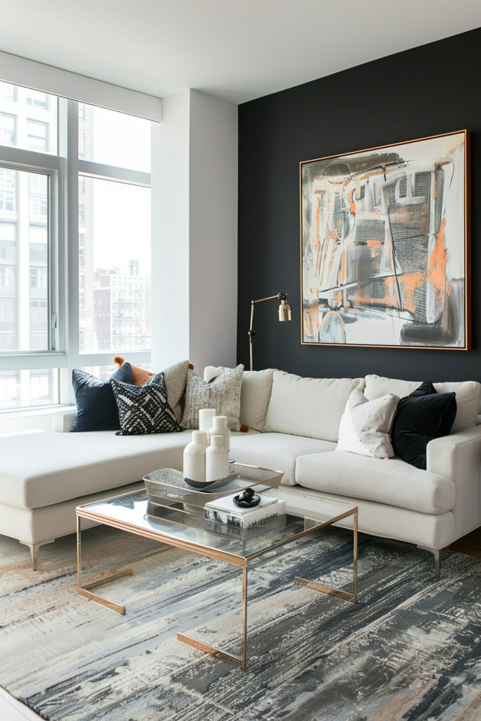 Modern living room interior with L-shaped white sofa, accent pillows, metal-framed coffee table, and large abstract art on wall.