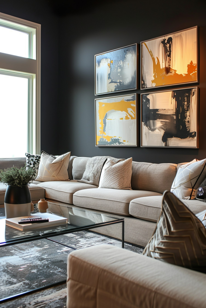A stylish living room with a beige sofa, abstract art on a dark wall, a glass coffee table, and a plush rug.