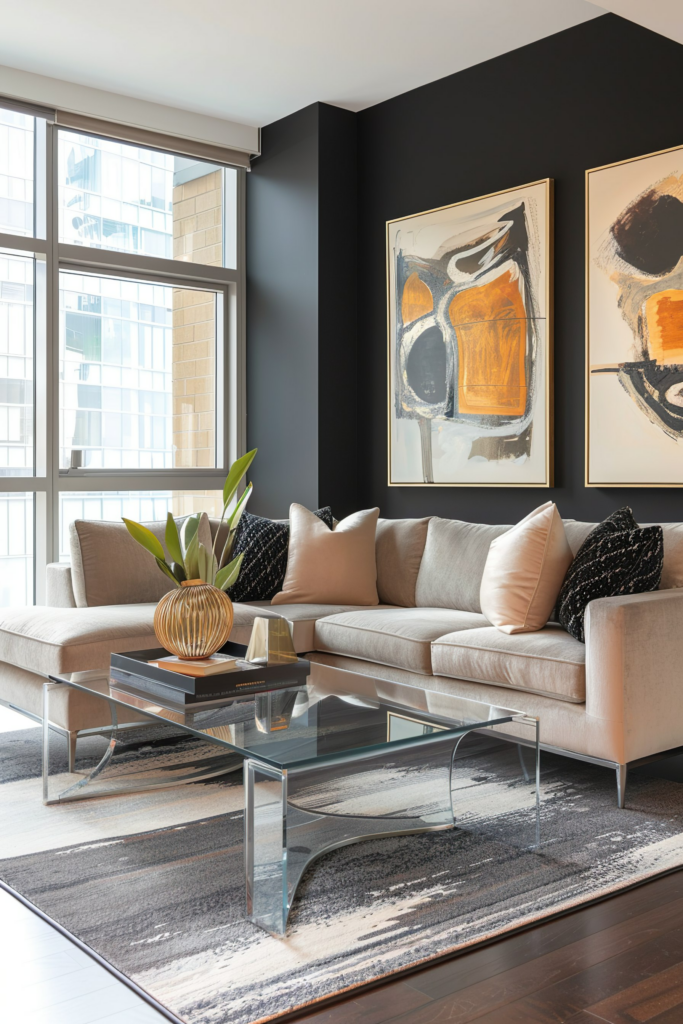 Modern living room with beige sectional sofa, glass coffee table, abstract wall art, and a view of exterior buildings through large window.