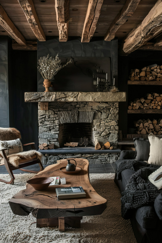 Cozy rustic living room interior with stone fireplace, wood beam ceiling, and unique wooden furniture.