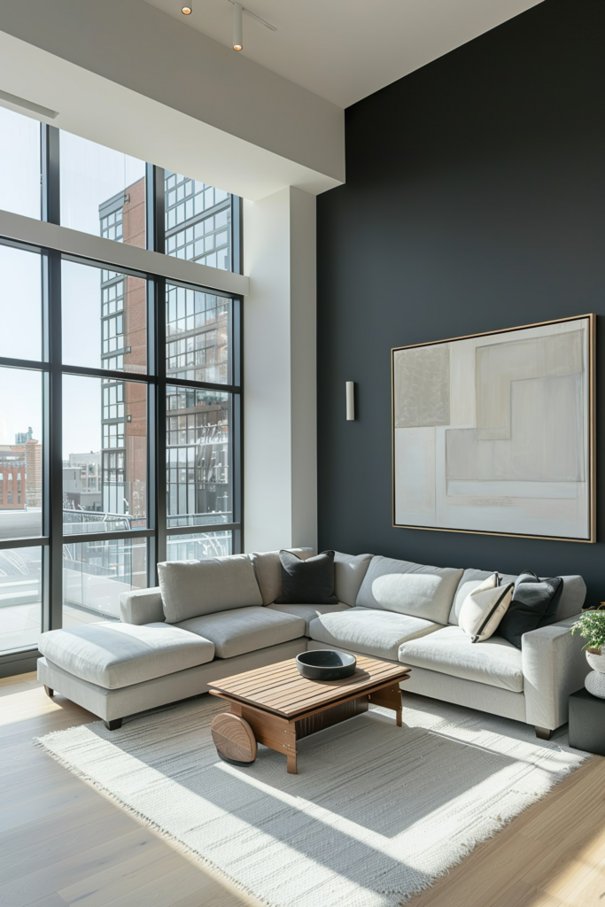 Modern living room with large windows, sectional sofa, wooden coffee table, and abstract wall art.