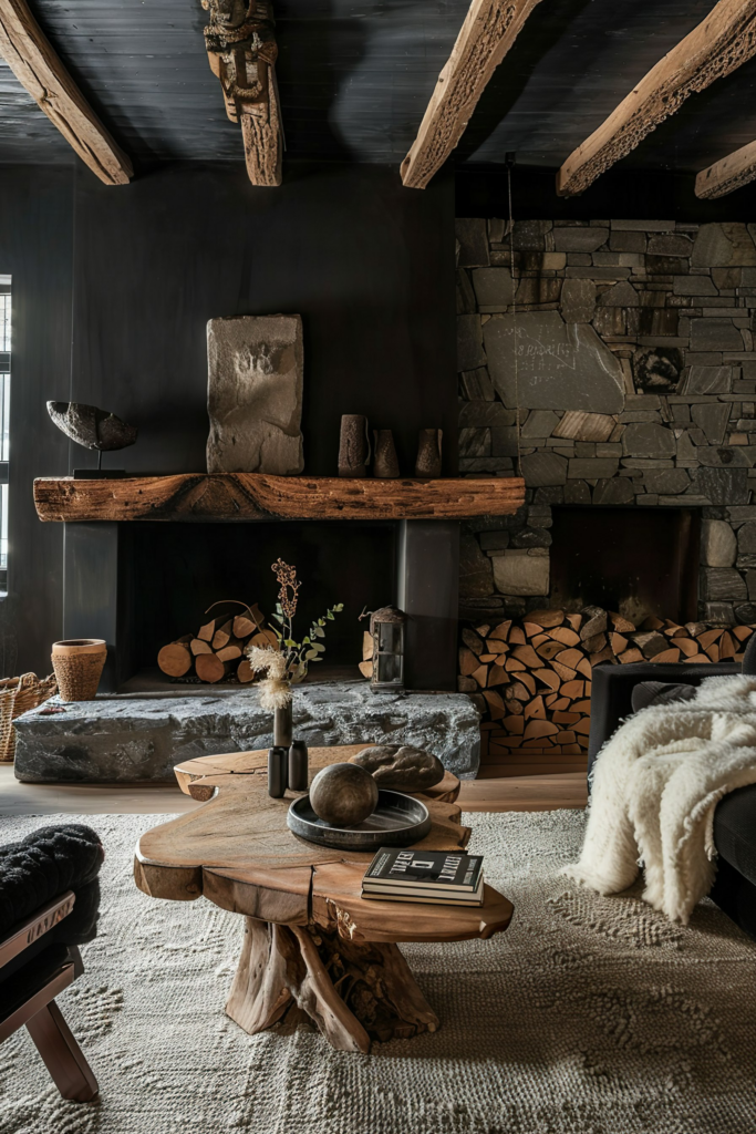 A cozy rustic living room with dark walls, exposed wooden beams, a stone fireplace, and natural wood furniture.