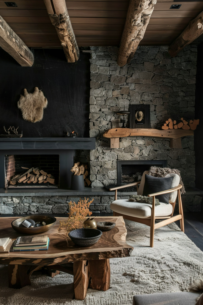 Cozy interior with exposed wooden beams, stone fireplace, rustic wooden furniture, fur rug, and decorative accents in earth tones.