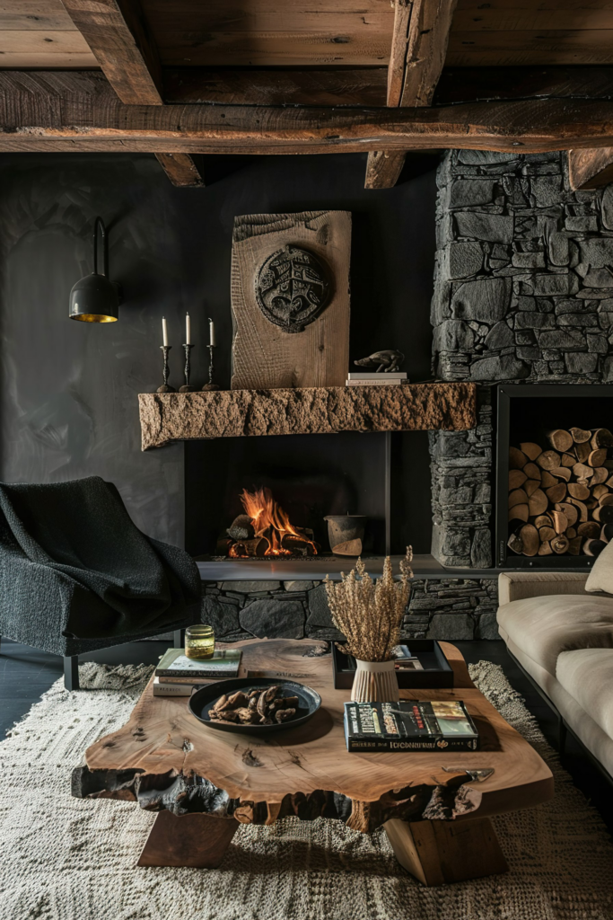Cozy rustic living room with a lit fireplace, wooden beams, and unique wood coffee table, decorated with candles and books.