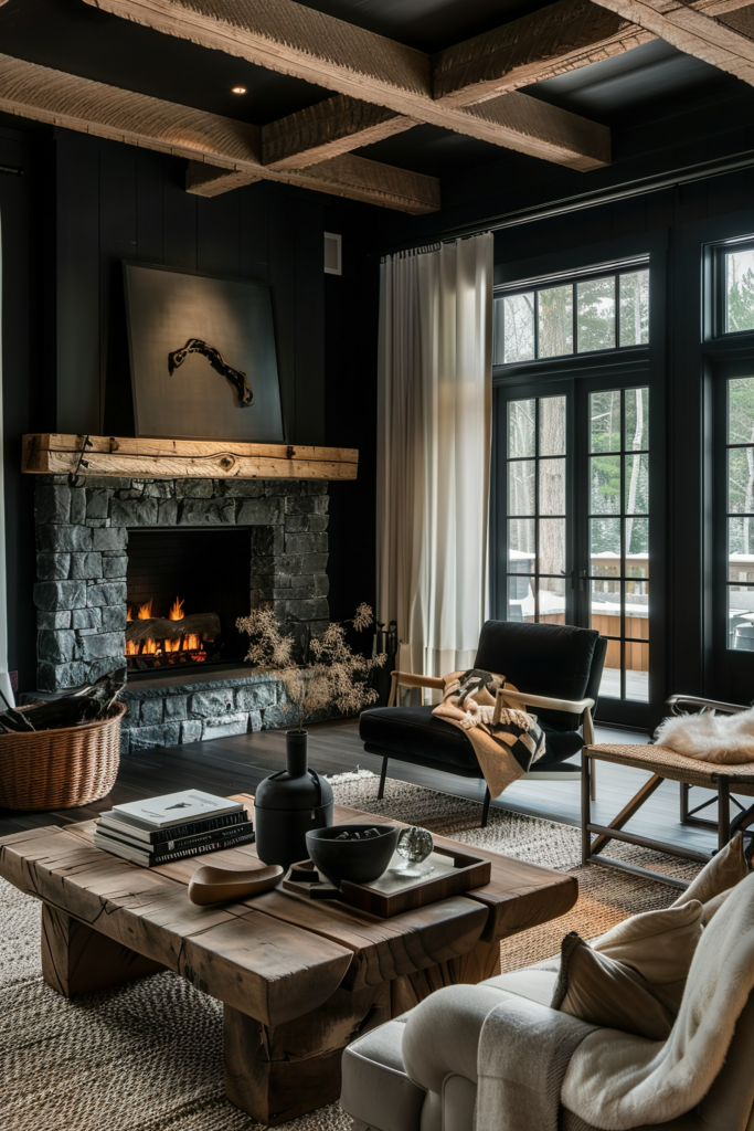 Cozy living room with dark walls, a lit fireplace, exposed wooden beams, and modern furniture.