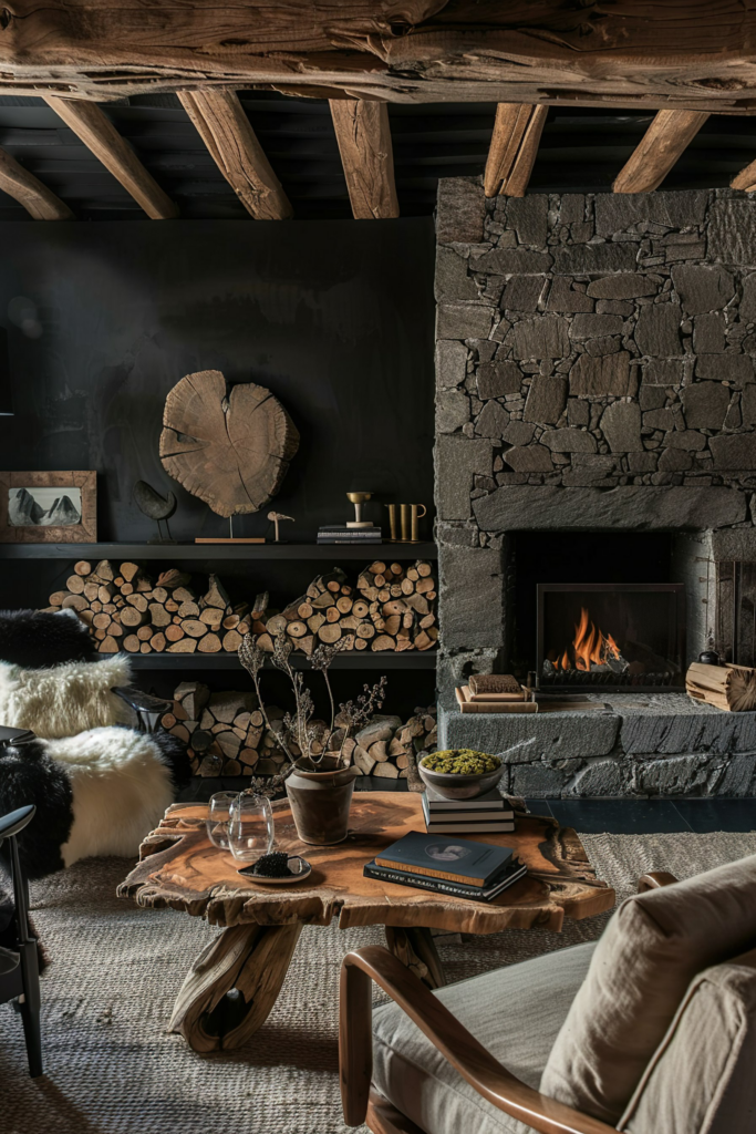 Cozy rustic living room interior with a stone fireplace, firewood storage, wood-slab coffee table, and a mix of vintage decor items.