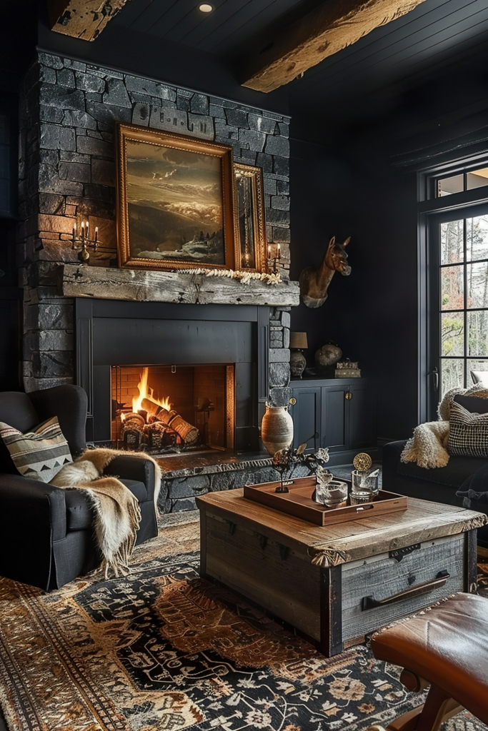 Cozy living room with a lit fireplace, adorned by a classic painting and rustic decor, featuring dark walls and plush seating.