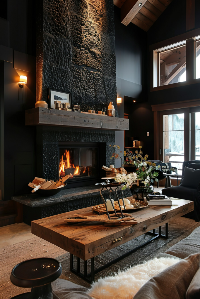 Cozy room interior with a lit fireplace, black stone surround, rustic wooden coffee table, and elegant decor pieces under high ceilings.