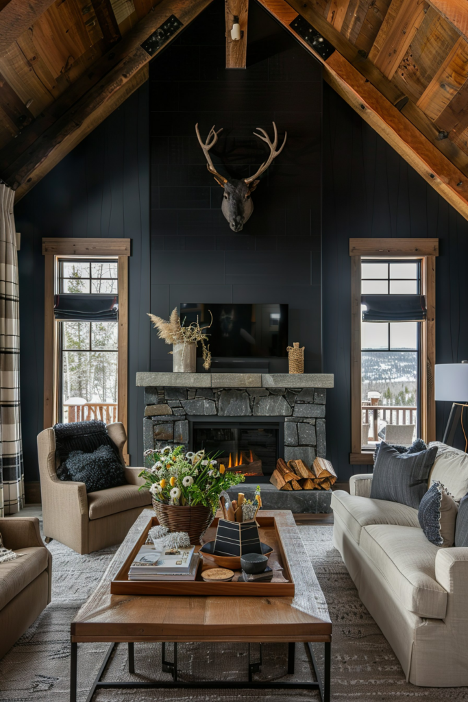 Cozy living room with a fireplace, mounted deer head, dark paneled walls, and comfortable furniture.