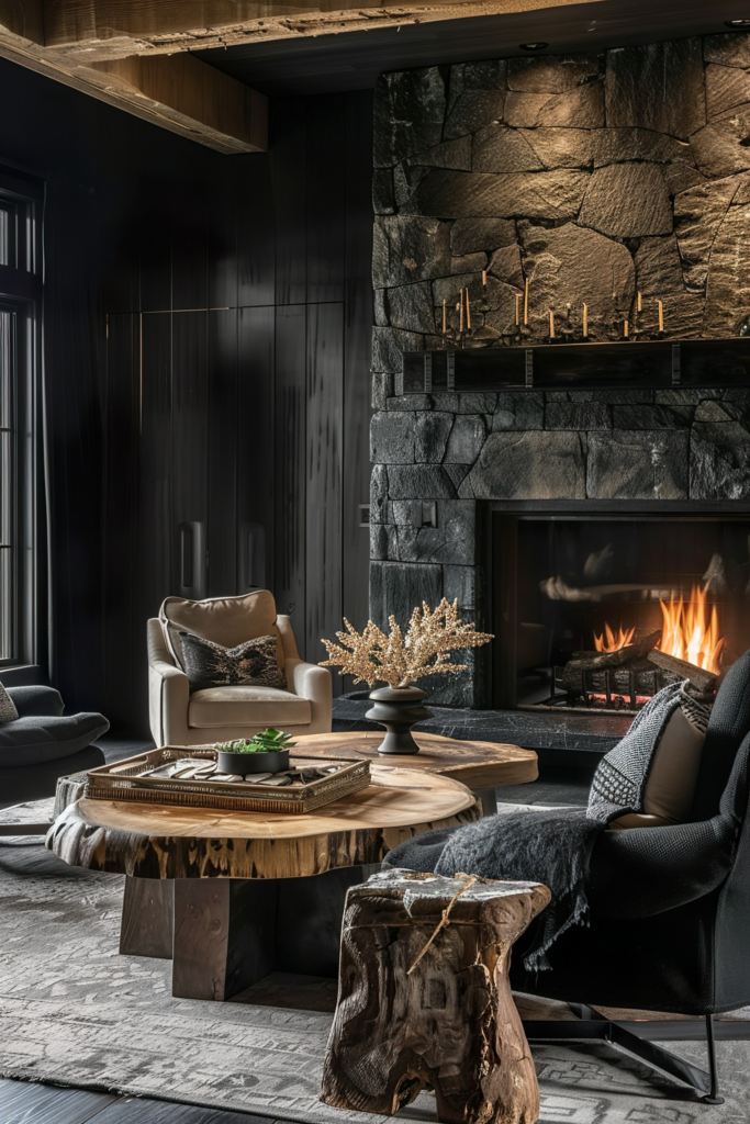 Cozy modern living room with a roaring fireplace, wooden furniture, plush chairs, and elegant decor against dark walls.