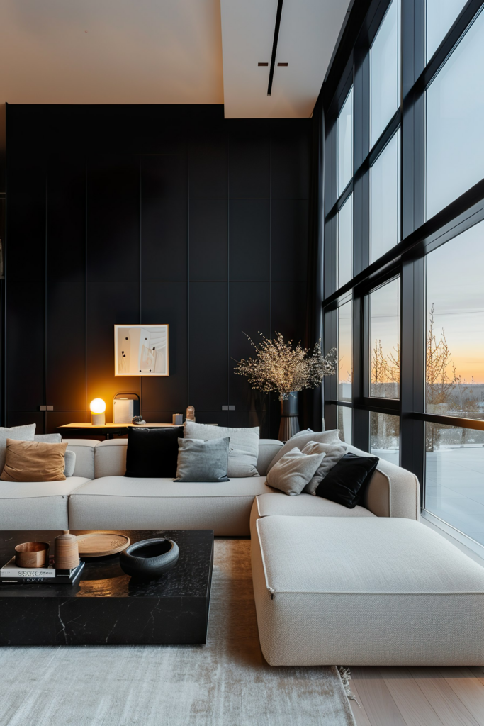 Modern living room with large windows, black walls, beige sofas, and a sunset view outside.