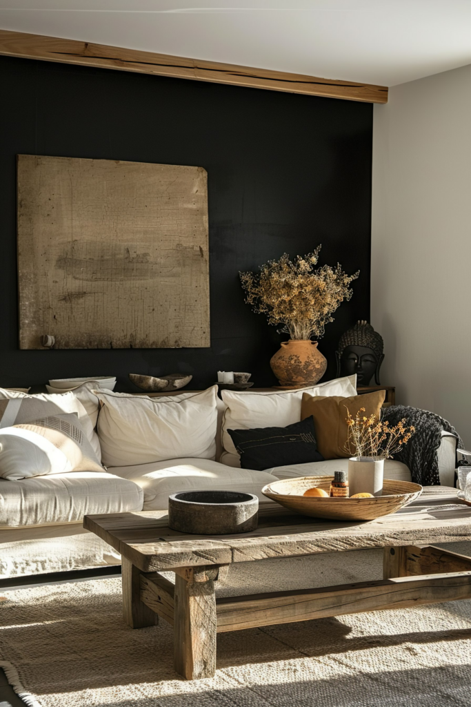 Cozy living room with a white couch, rustic wooden table, decorative Buddha head, dried flowers, and a large abstract canvas on a dark wall.