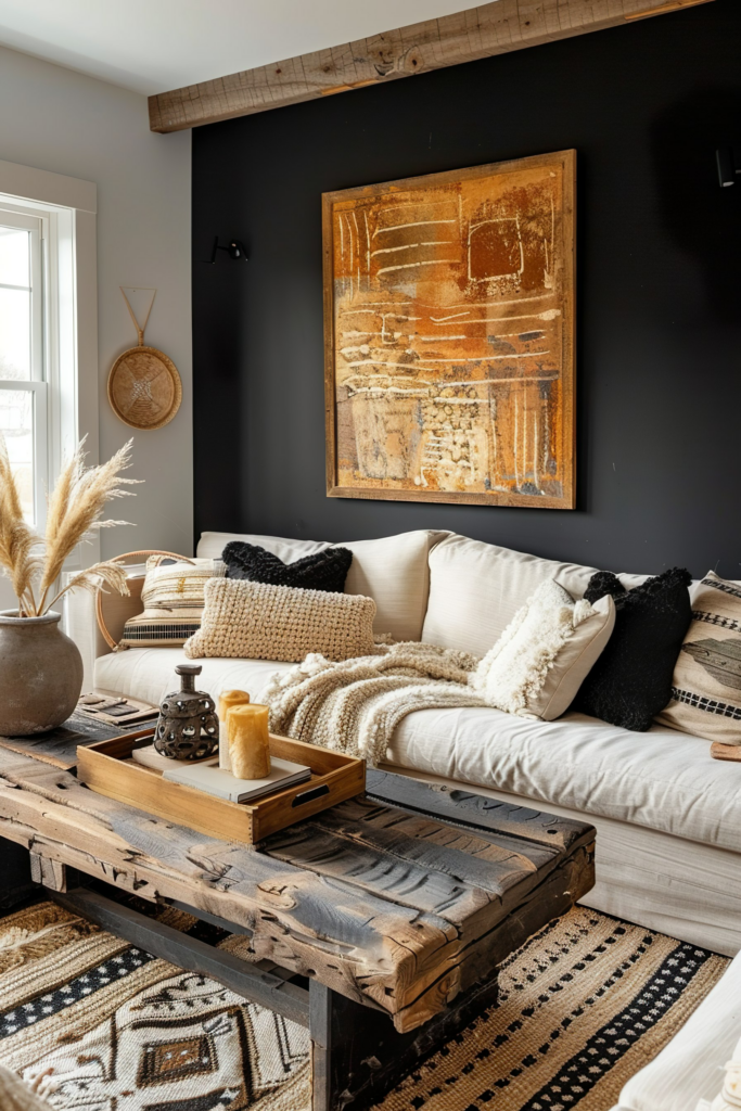 A cozy living room with a beige sofa, eclectic throw pillows, a rustic wooden table, and an abstract painting against a dark wall.