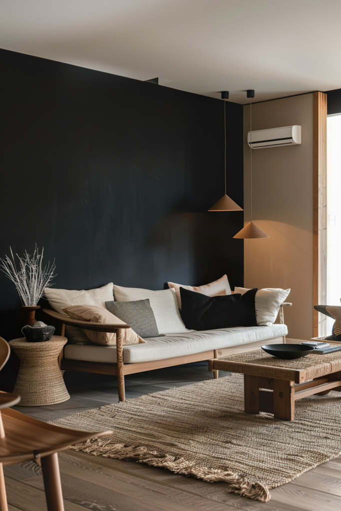 Modern living room interior with a beige sofa, black accent wall, pendant lights, and textured rug.