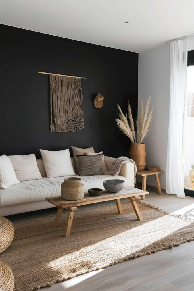 A cozy living room with a white couch against a black wall, textured decorations, and a wooden coffee table on a beige rug.