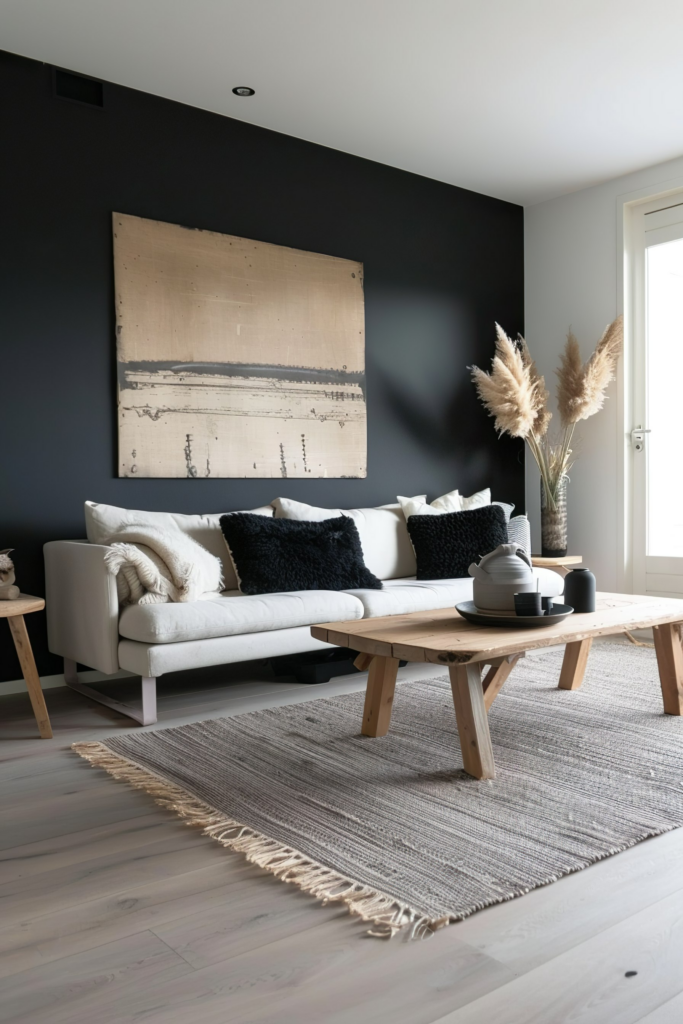 Modern living room with a white couch, black accent pillows, a natural wood coffee table, textured rug, and abstract wall art on a black wall.