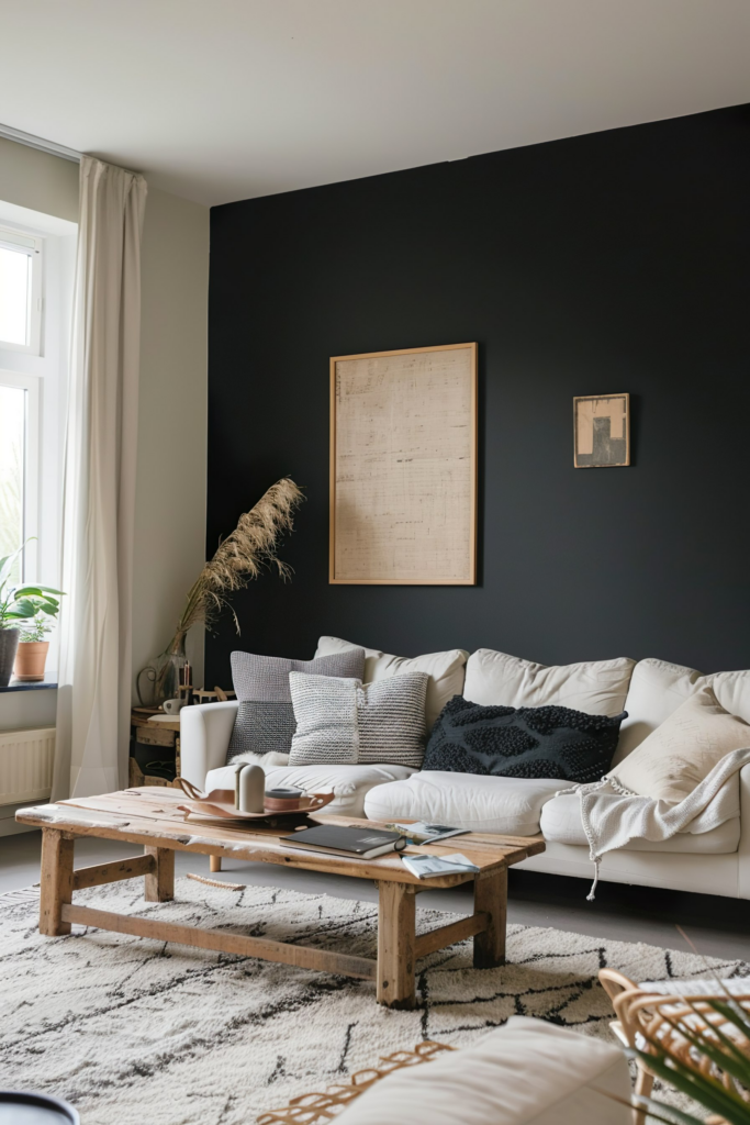 A cozy living room with a white sofa, patterned cushions, a wooden coffee table, a dark wall, framed artworks, and a potted plant.