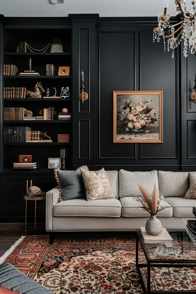Elegant living room with black built-in bookshelves, a framed floral painting, a gray sofa, and a traditional red patterned rug.