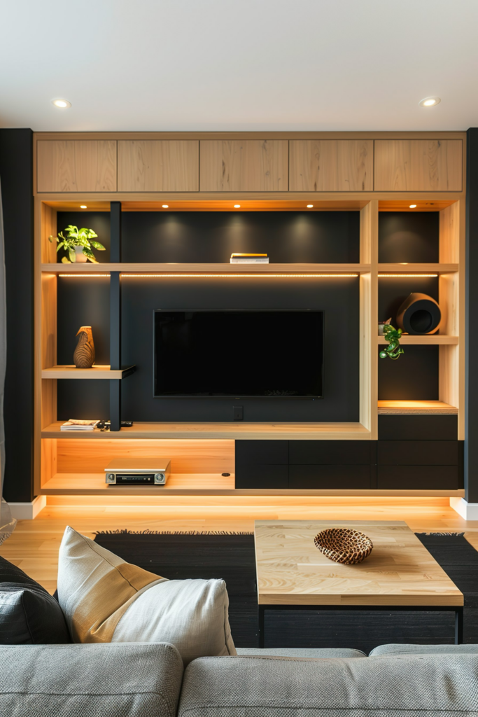 Modern living room with built-in wooden shelving unit, LED backlighting, TV, sound system, and a cozy sofa with cushions.