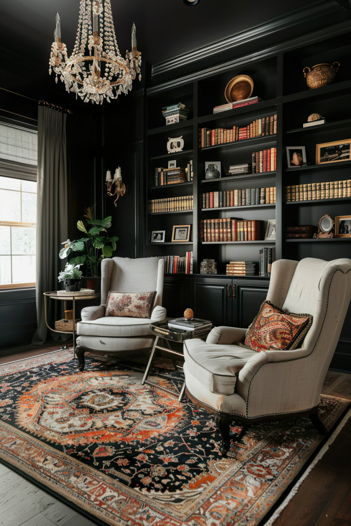 Elegant dark home library with two upholstered chairs, ornate rug, chandelier, and shelves filled with books and decor.