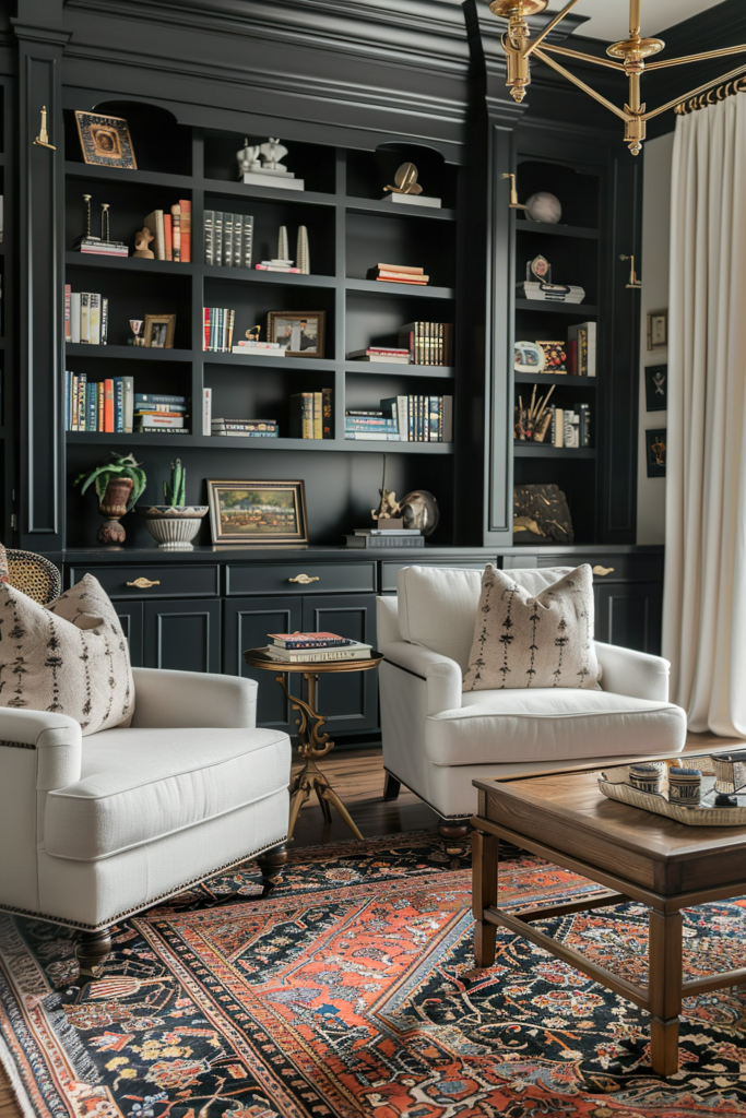 Elegant reading room with dark bookshelves, ornate rug, white armchairs, and brass accents.