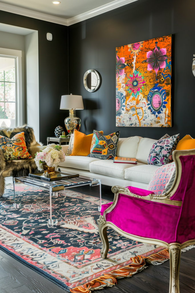 Vibrant, eclectic living room with a bold orange artwork, a white sofa with colorful pillows, a magenta chair, and a patterned rug.