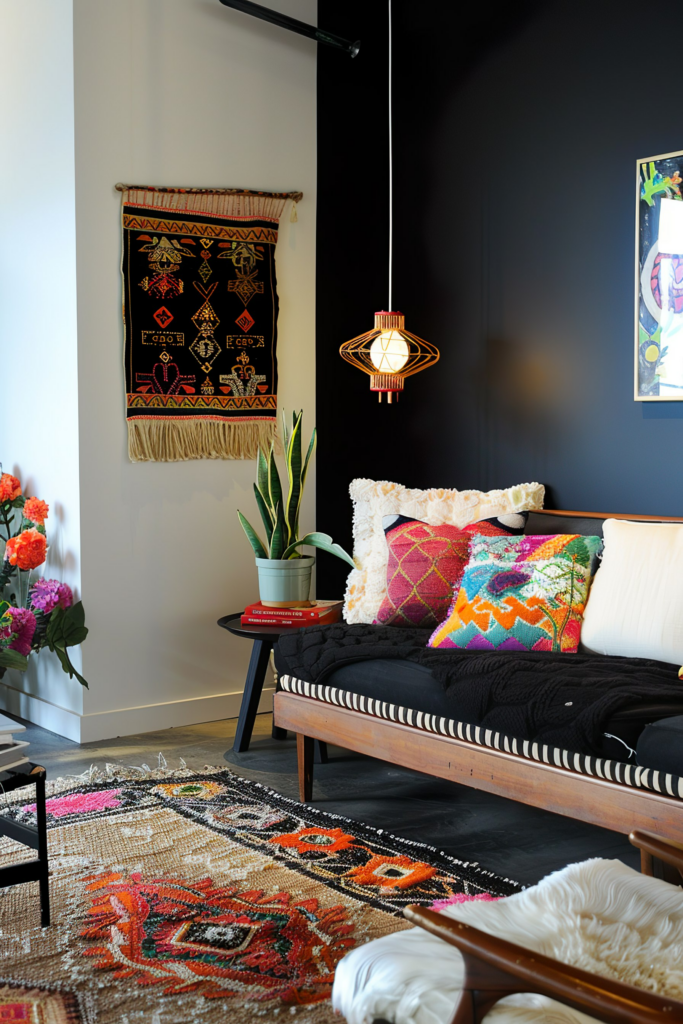 A cozy living room corner with eclectic decor, colorful textiles, and a unique hanging light fixture.