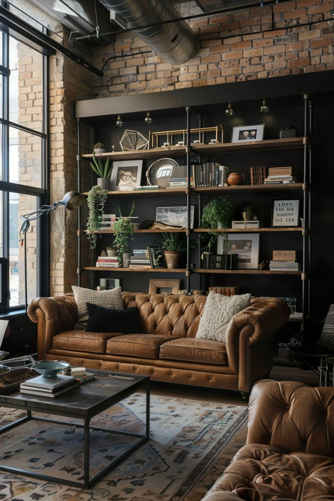 Alt text: Cozy interior with a vintage leather sofa, a shelving unit with decorative items, plants, and books, all against an exposed brick wall.