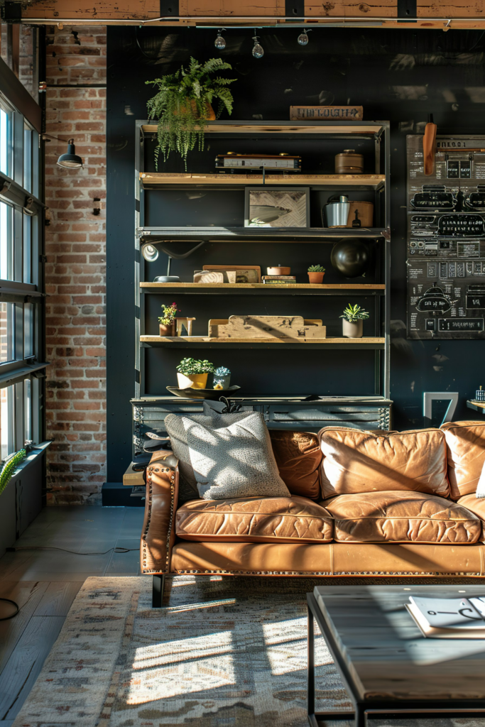 A cozy, sunlit corner featuring a tan leather sofa, bookshelf, exposed brick wall, and industrial-style decor.
