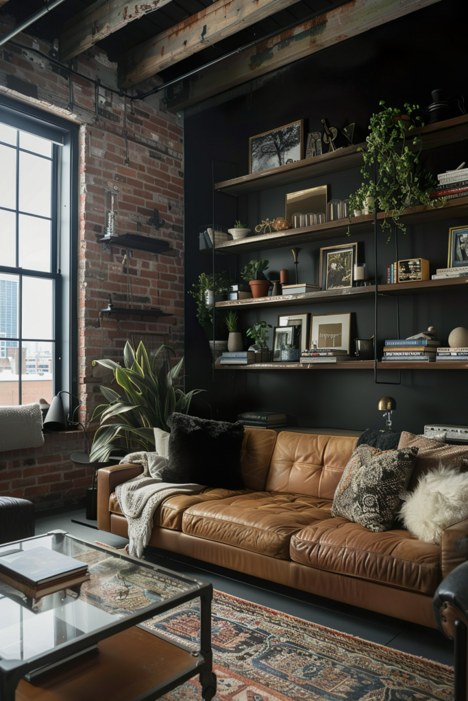 A cozy industrial living room with exposed brick, a leather sofa, shelves with plants and decor, and a patterned rug.